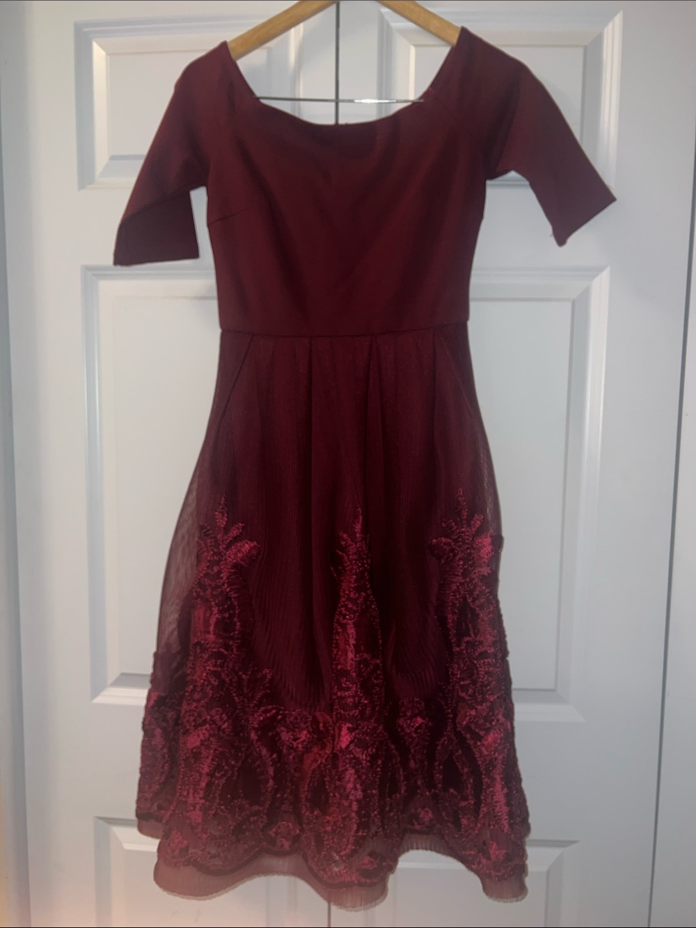 Akira Embroidered Wine Red Mesh Overlay Dress